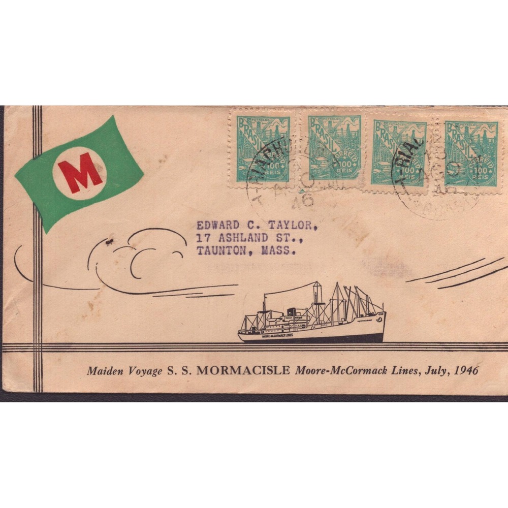 1946 SS Mormacisle Maiden Voyage Moore-McCormack Lines Brazil Postal Cover VG - Picture 1 of 2